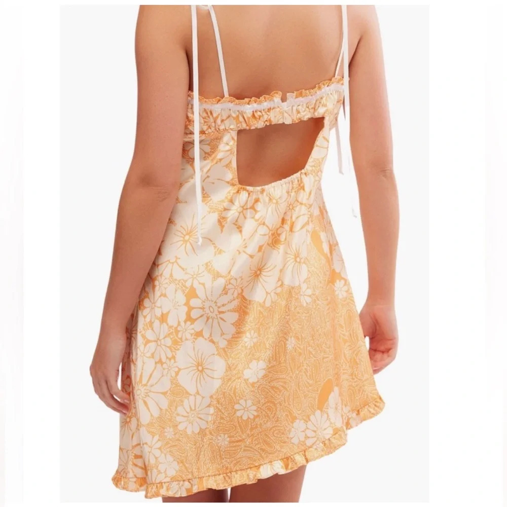 Free People Retro Daisy Asymmetrical Slipdress Orange Gold Floral Sz M - Picture 4 of 13